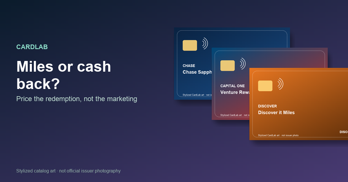 Stylized CardLab card art comparing miles and cash back cards